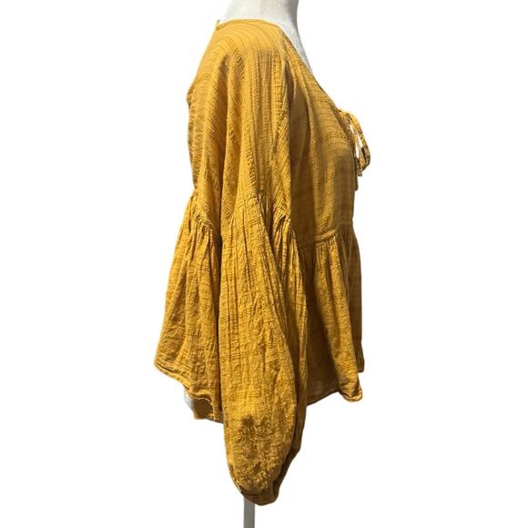 Free People Mustard Peasant Blouse Top – Boho Textured Gauze – Size L - Picture 4 of 9